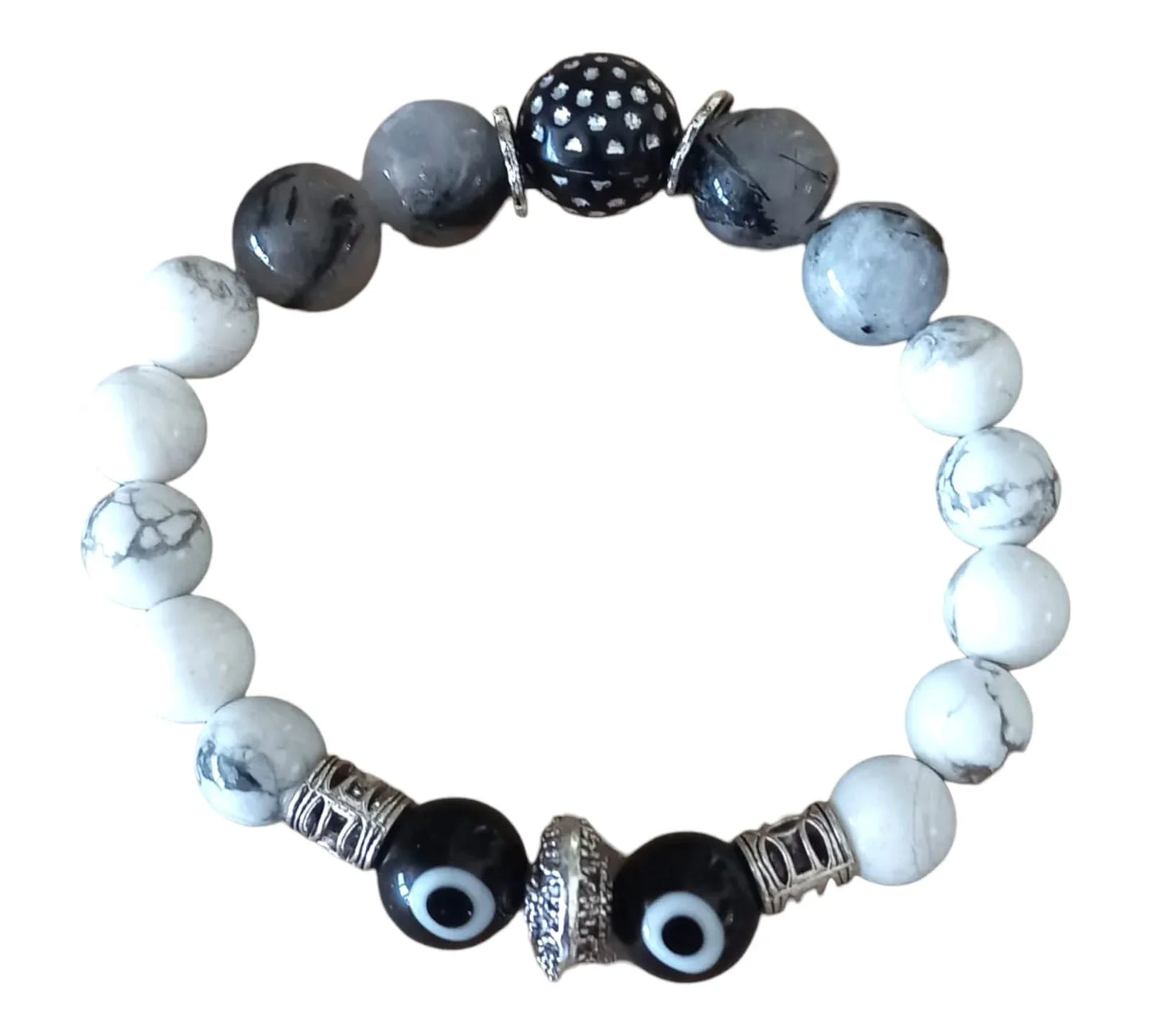 Black Evil Eye with Howlite and Black Rutilated Quartz Bracelet - African Pride Collection