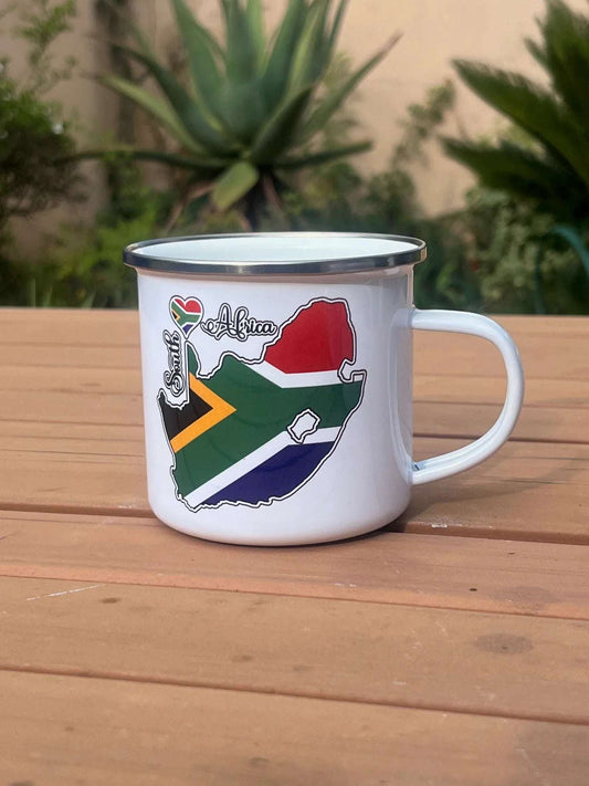 Durable enamel mug featuring a colorful South African flag map design, perfect for camping or gifting.
