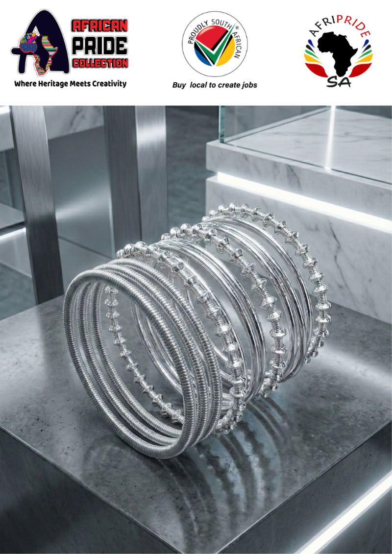 Set of silver bangles on a reflective surface with 'African Pride Collection' branding.