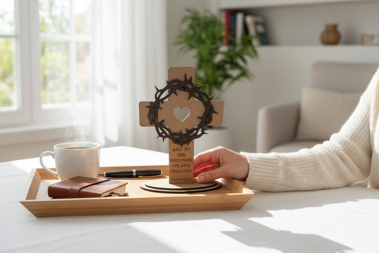 Wooden Christian Cross with Crown of Thorns Decor