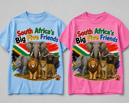Two t-shirts featuring South Africa's Big Five Friends design on a gray background.