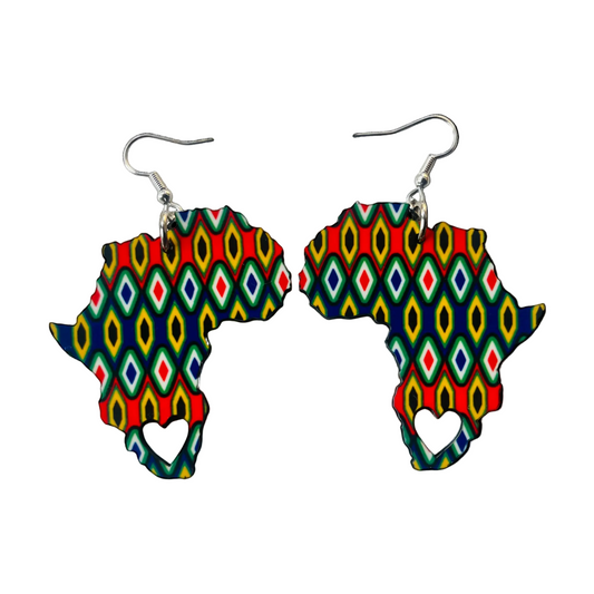 Colorful Africa map earrings on a white background