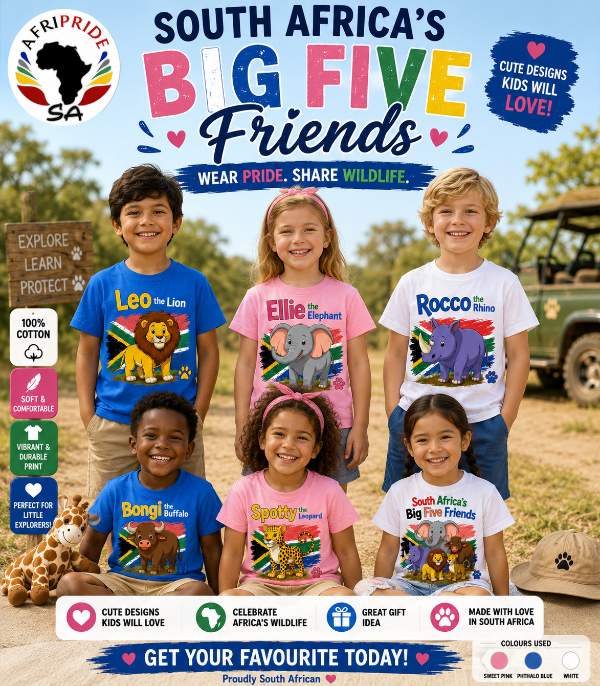 Children wearing t-shirts with animal designs and text about South Africa's Big Five Friends, with a safari vehicle and nature in the background.
