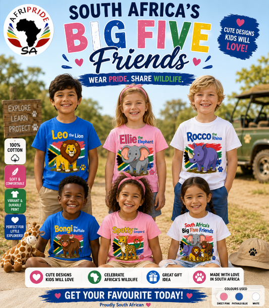 Children wearing t-shirts with animal designs and text about South Africa's Big Five Friends, with a safari vehicle and nature in the background.