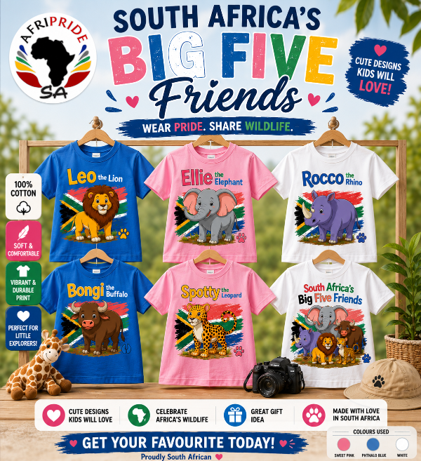 Collection of children's t-shirts with animal illustrations and text, featuring AfriPride SA branding.