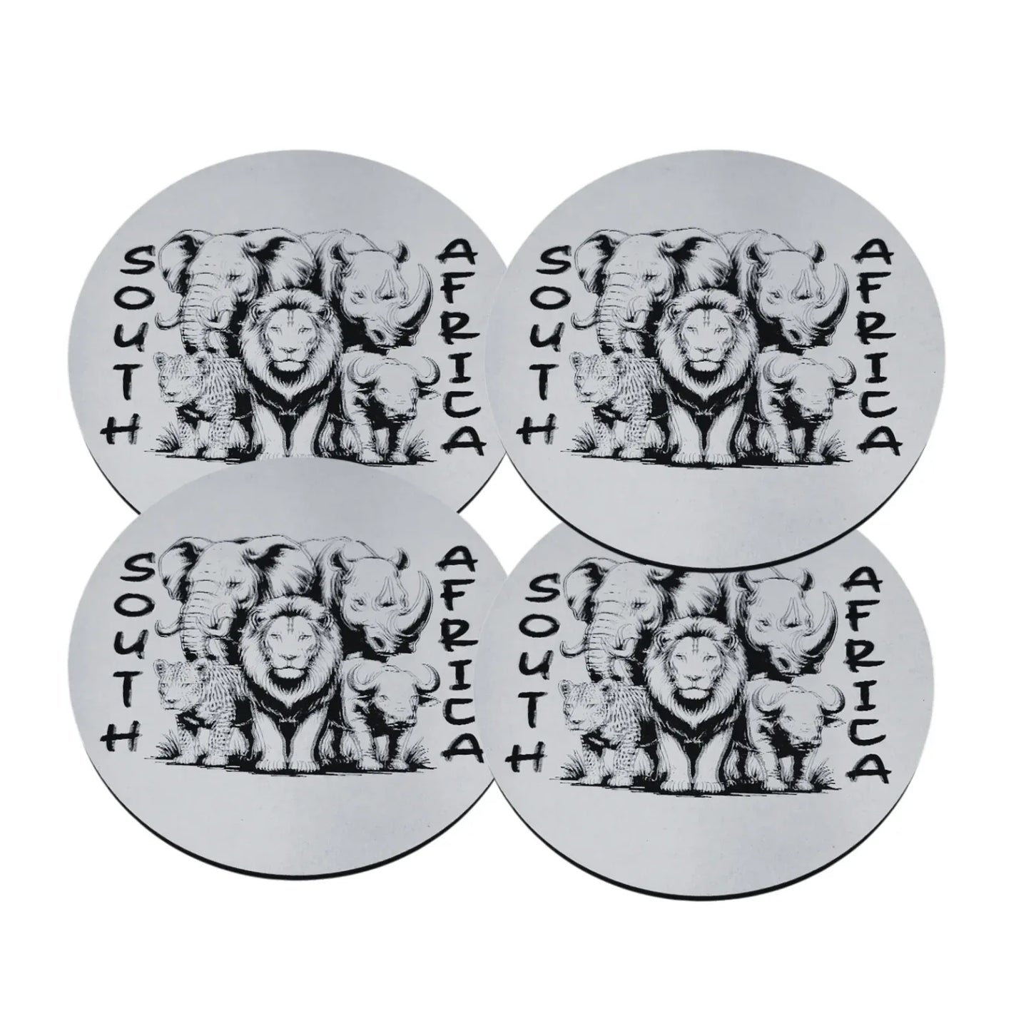 Four coasters with a black and white illustration of lions and the text 'South Africa' on a white background.