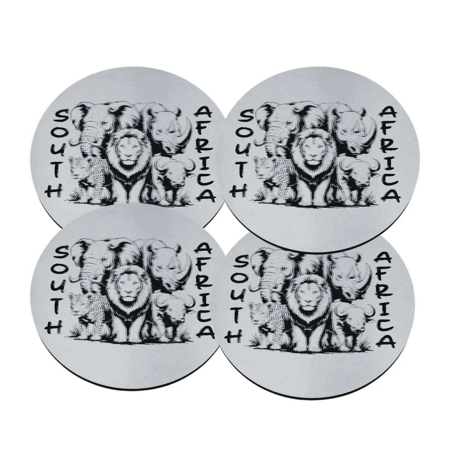 Four coasters with a black and white illustration of lions and the text 'South Africa' on a white background.