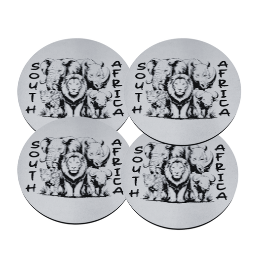 Four coasters with a black and white illustration of lions and the text 'South Africa' on a white background.