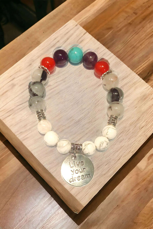 Charka Mix with Howlite and Black Mutilated Quartz Beads with charm Bracelet - African Pride Collection