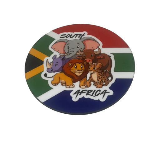 Round coastr with South African flag colors and cartoon animals on a white background