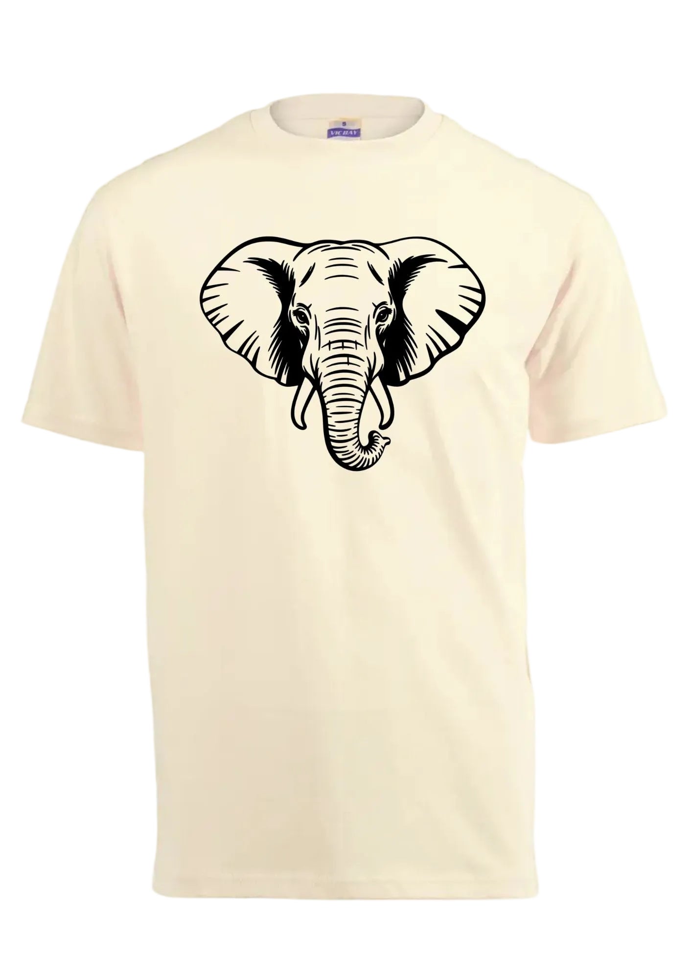 Beige t-shirt with a black elephant design on a white background