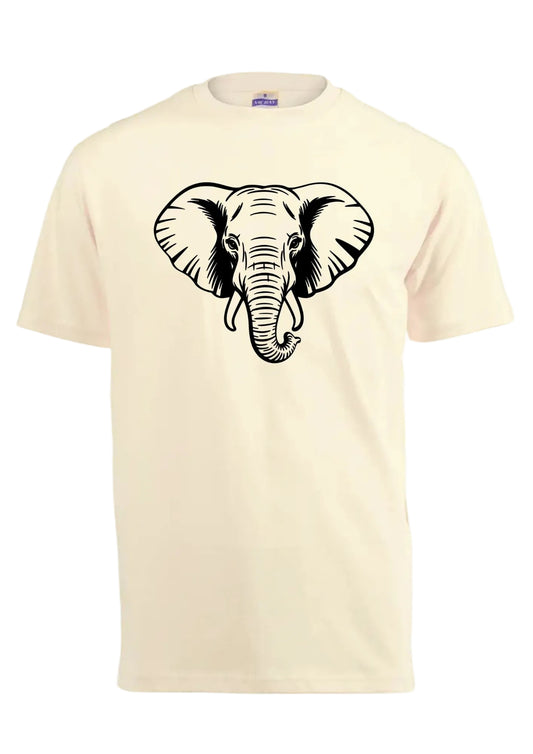 Beige t-shirt with a black elephant design on a white background