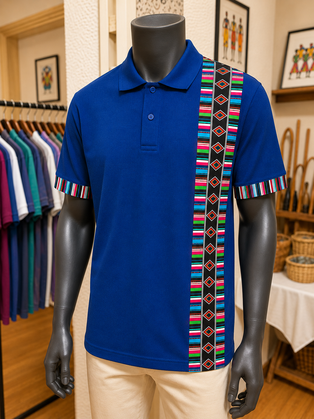 A royal blue short-sleeve polo shirt displayed on a black mannequin torso in a retail store. The shirt features a vertical multicolor geometric patterned stripe running down the right side and matching striped accents on the sleeve cuffs.