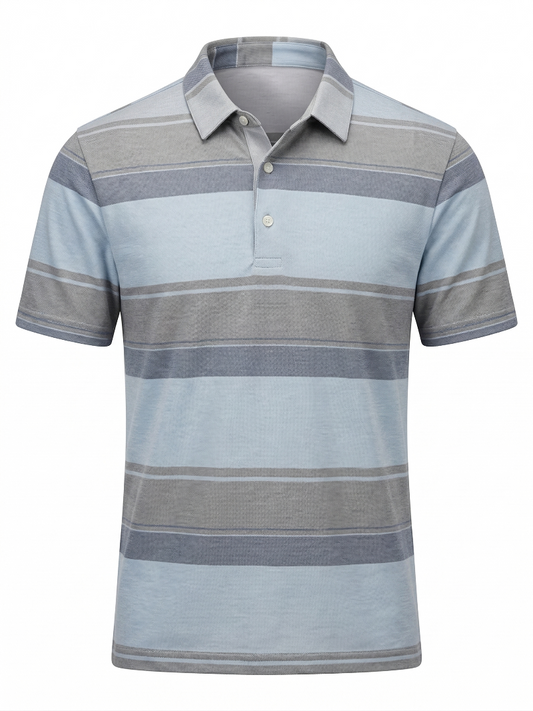 Striped polo shirt with blue and gray horizontal stripes on a white background