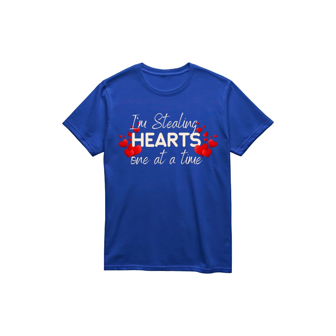 Blue t-shirt with text 'I'm Stealing Hearts One at a Time' on a white background