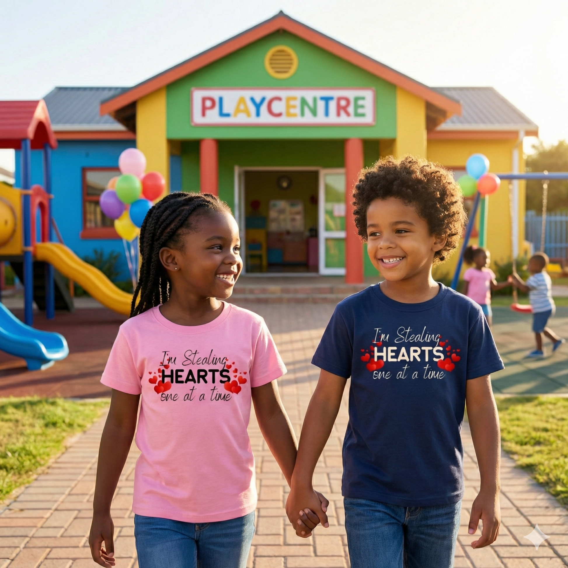 Two children holding hands in front of a colorful playcentre.