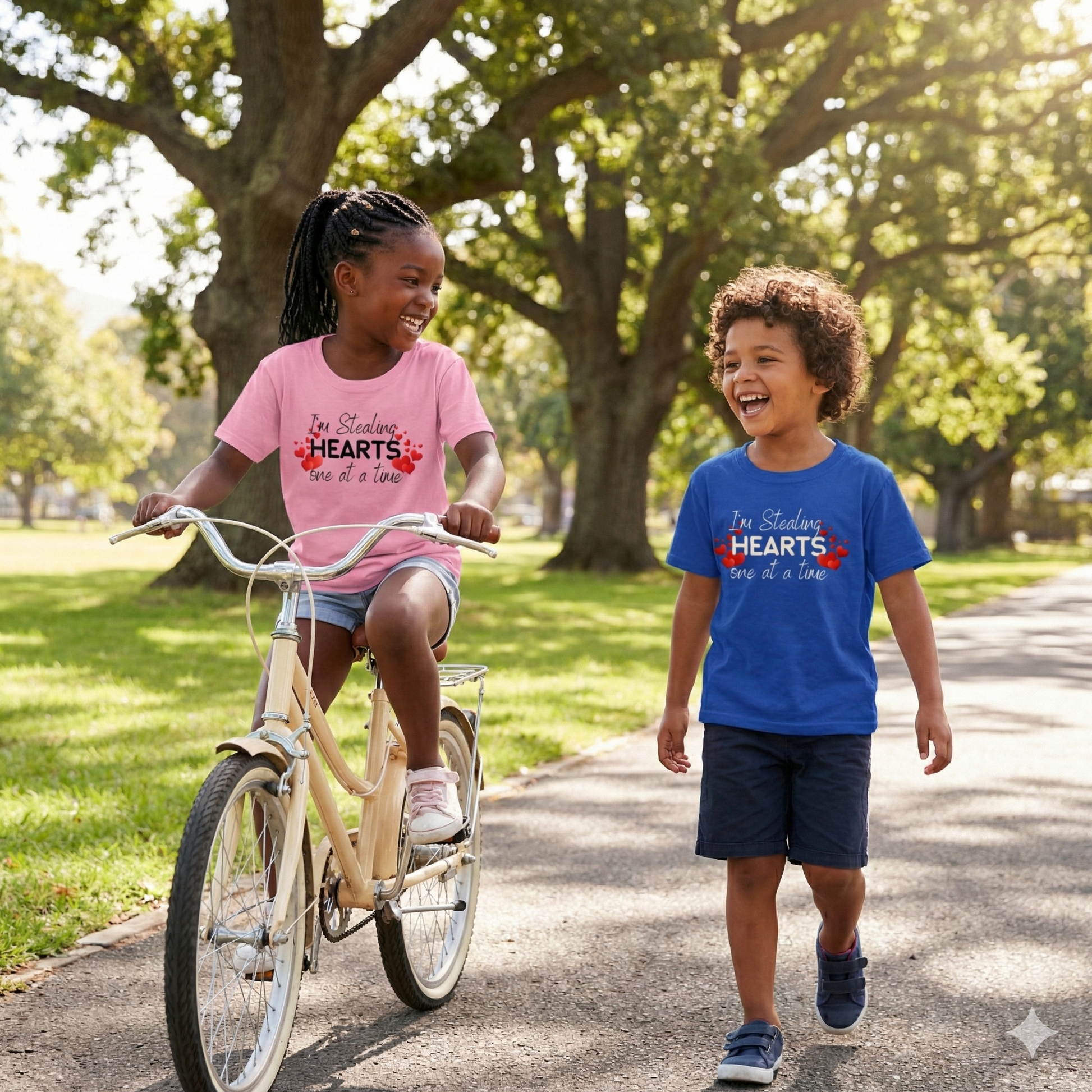 Two children on a sunny day, one riding a bike and the other walking, wearing t-shirts with text.