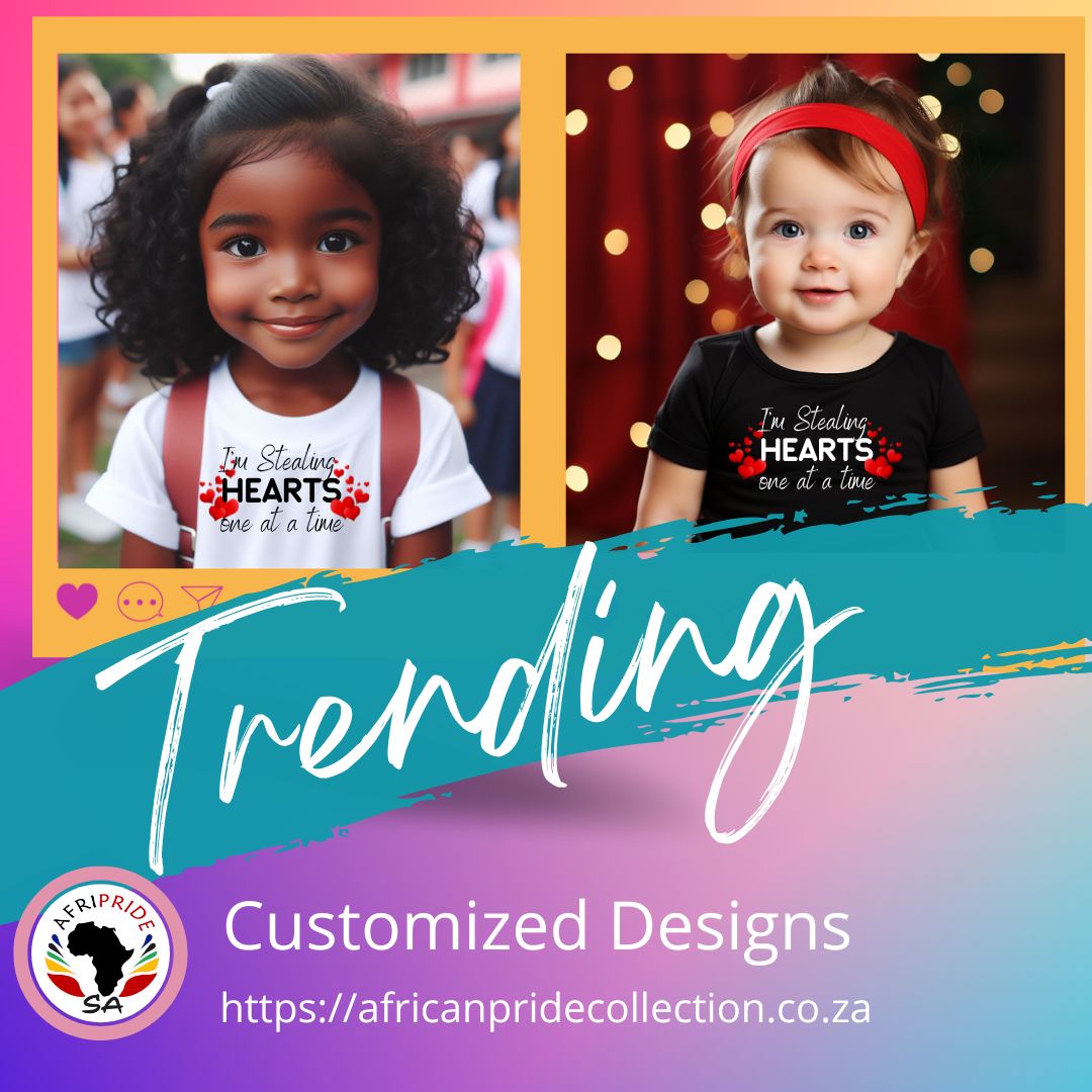 Two children wearing shirts with text and graphics, framed by colorful borders with 'African Pride SA' branding.