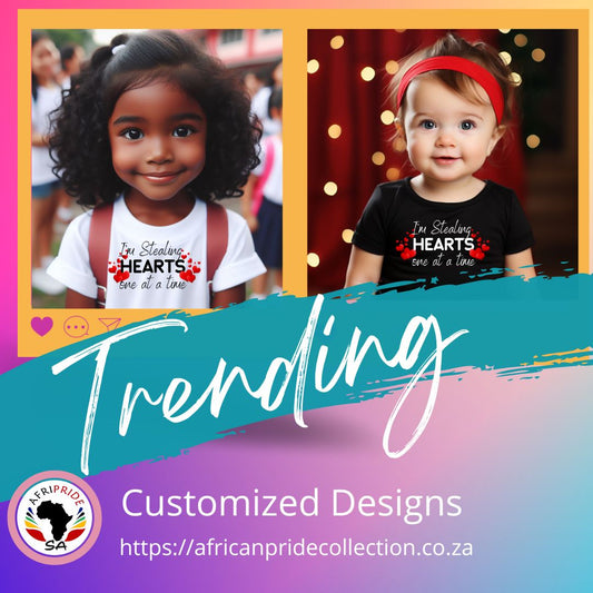 Two children wearing shirts with text and graphics, framed by colorful borders with 'African Pride SA' branding.