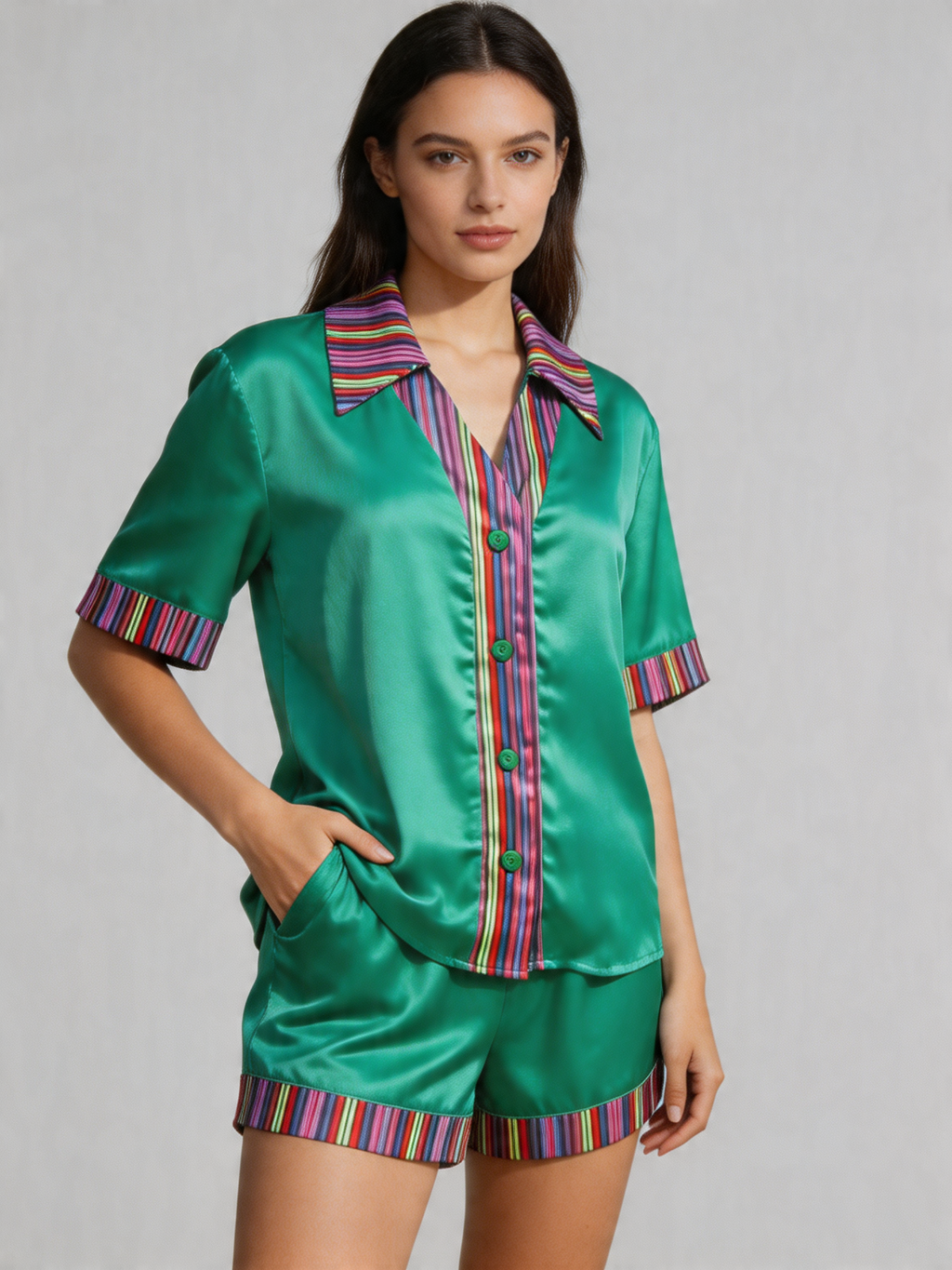 Woman wearing a green satin pajama set with colorful trim on a gray background
