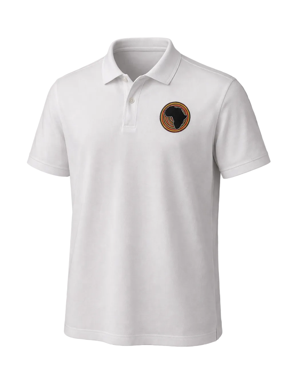 White polo shirt with a logo on the chest against a gray background