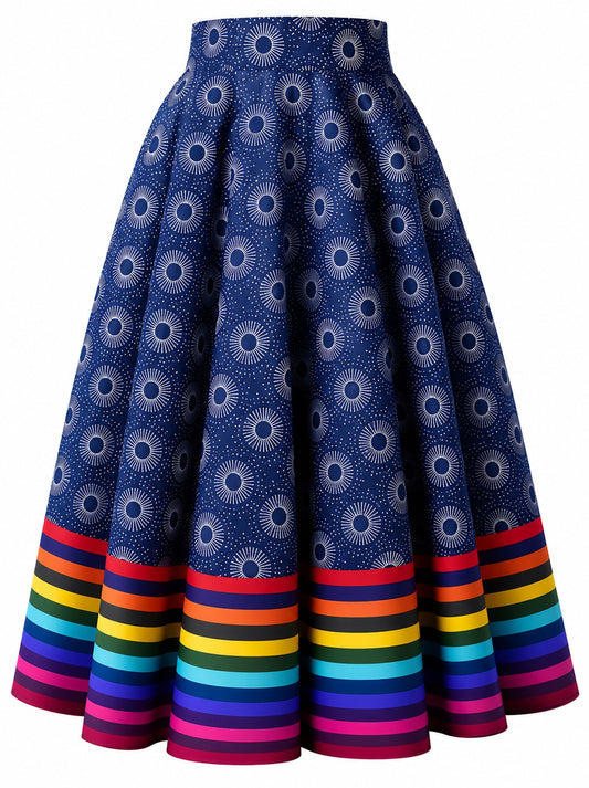 Sunburst Print Pleated Midi Skirt with Rainbow Stripe Hem