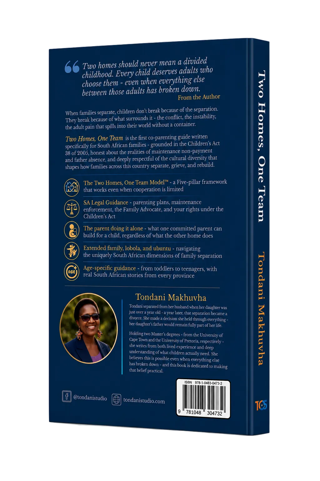 Back cover of a book titled 'Two Homes, One Team' with text and a barcode.