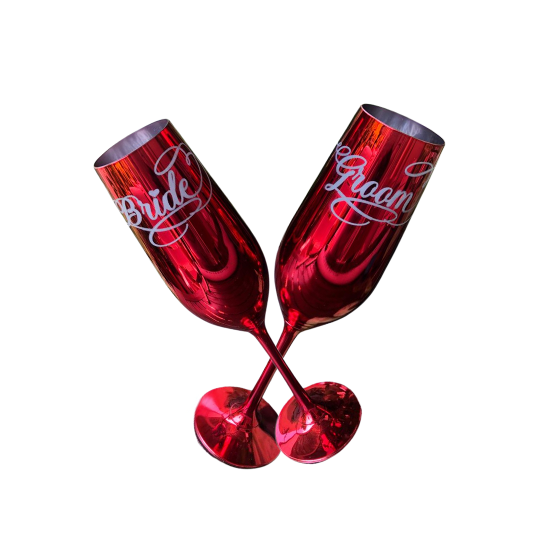 Makoti, Bride & Groom Champagne Glasses – Red and Gold Collection