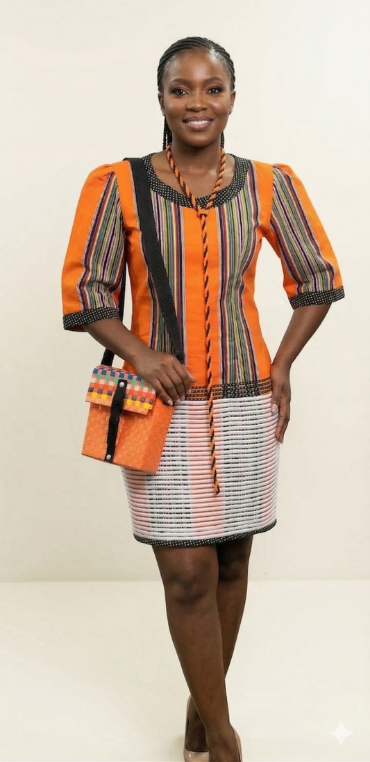 Woman wearing an orange and black patterned dress with a matching bag on a white background