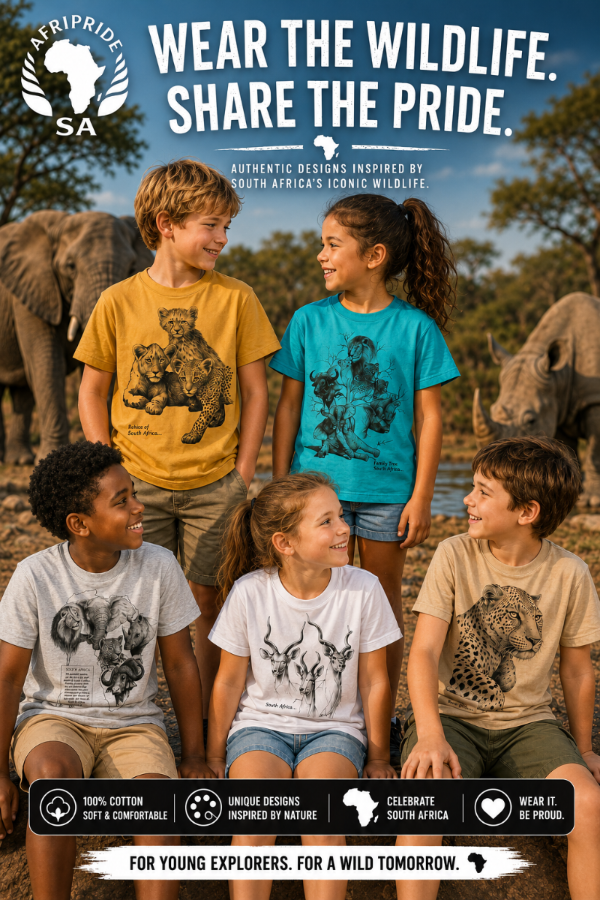 Children wearing t-shirts with wildlife designs in a natural setting, promoting conservation.