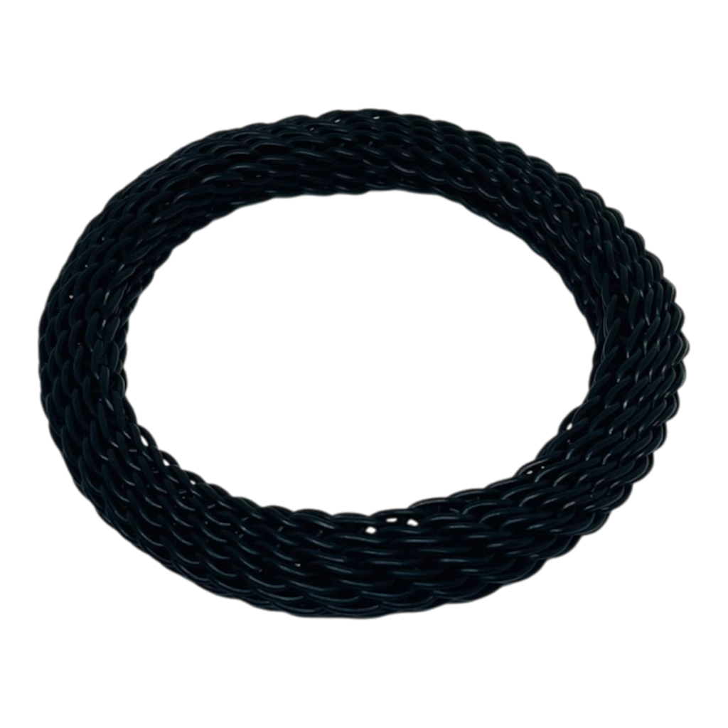 Coiled black rope on a white background