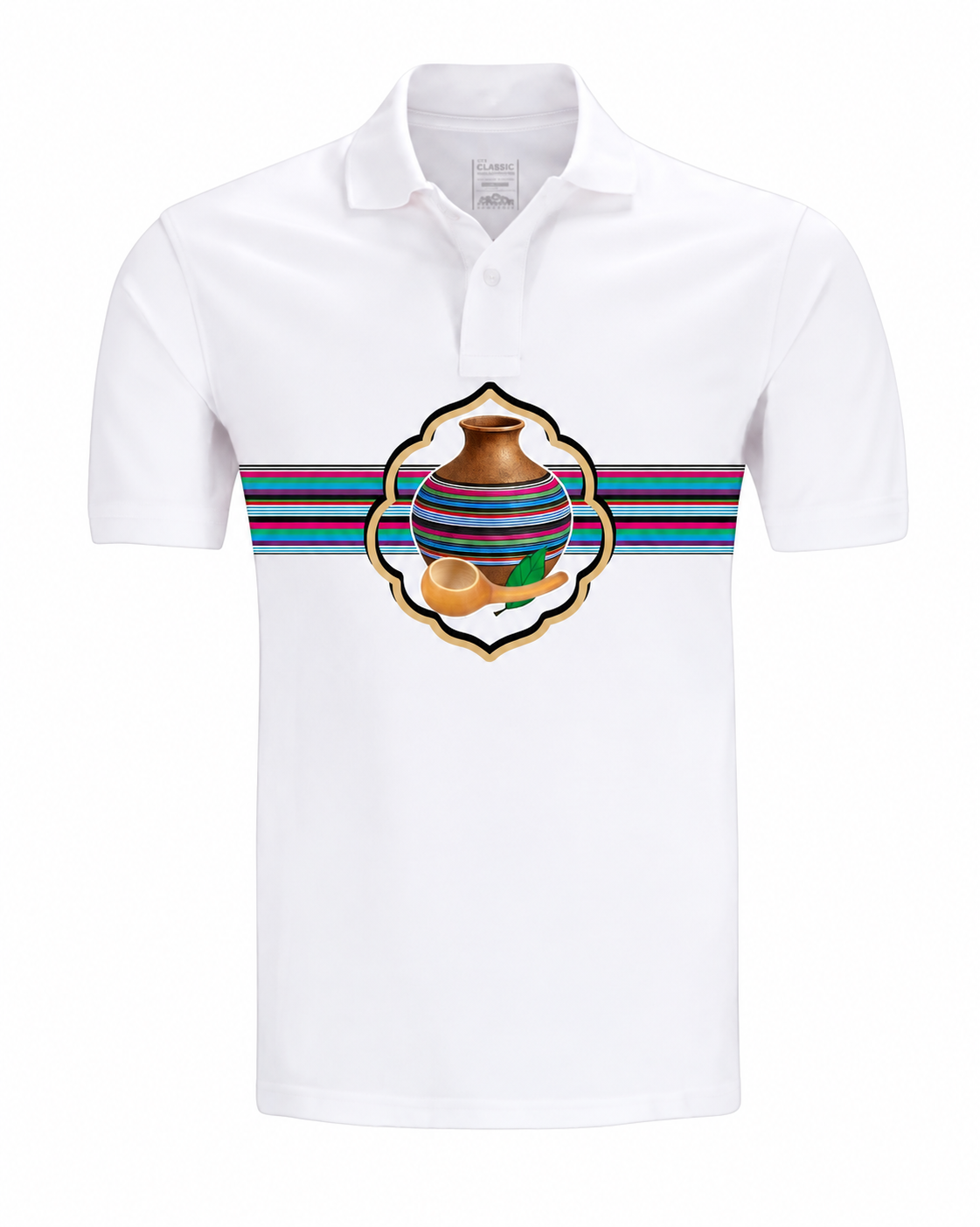 White Calabash polo shirt with multicoloured chest stripes and a central calabash motif on a white background.