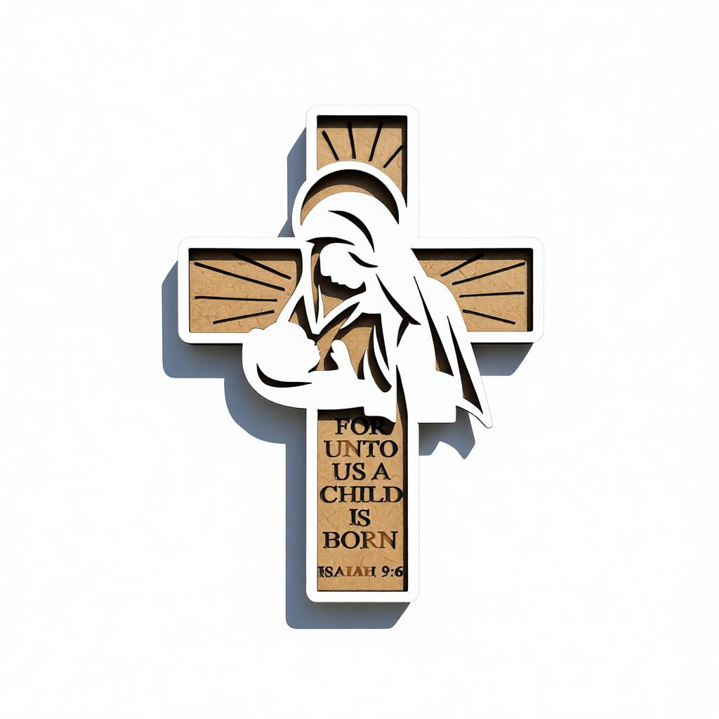 Wooden Christian Cross with Mother Mary Figure
