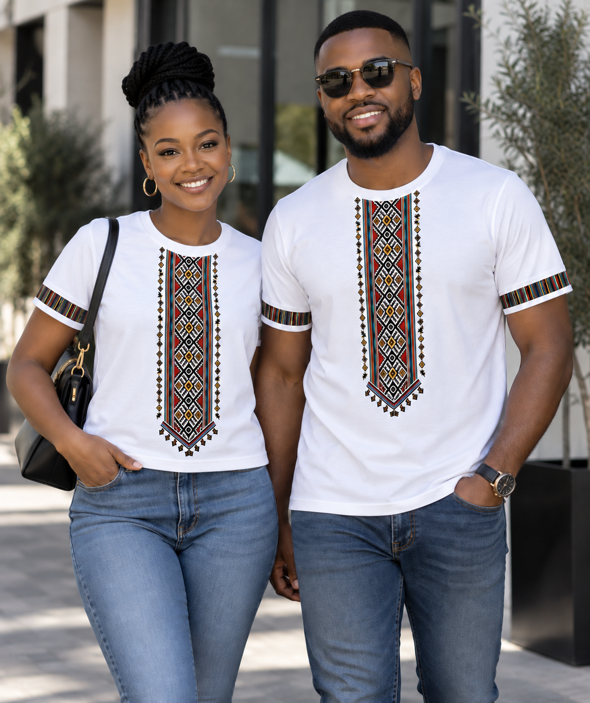 Couple wearing matching white geometric T-shirts
