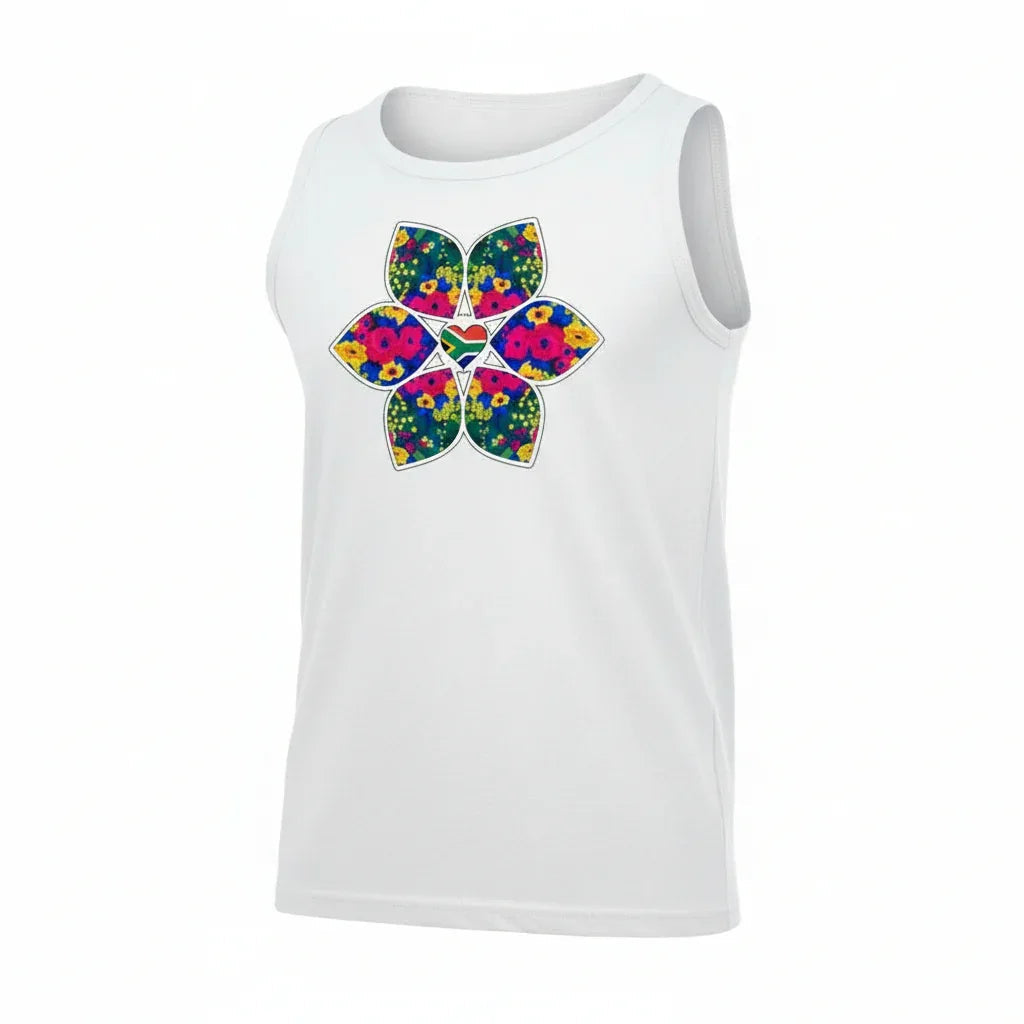 Unisex sleeveless heritage flower t-shirt in white with multicolor floral petal design and heart center, made from 100% cotton.
