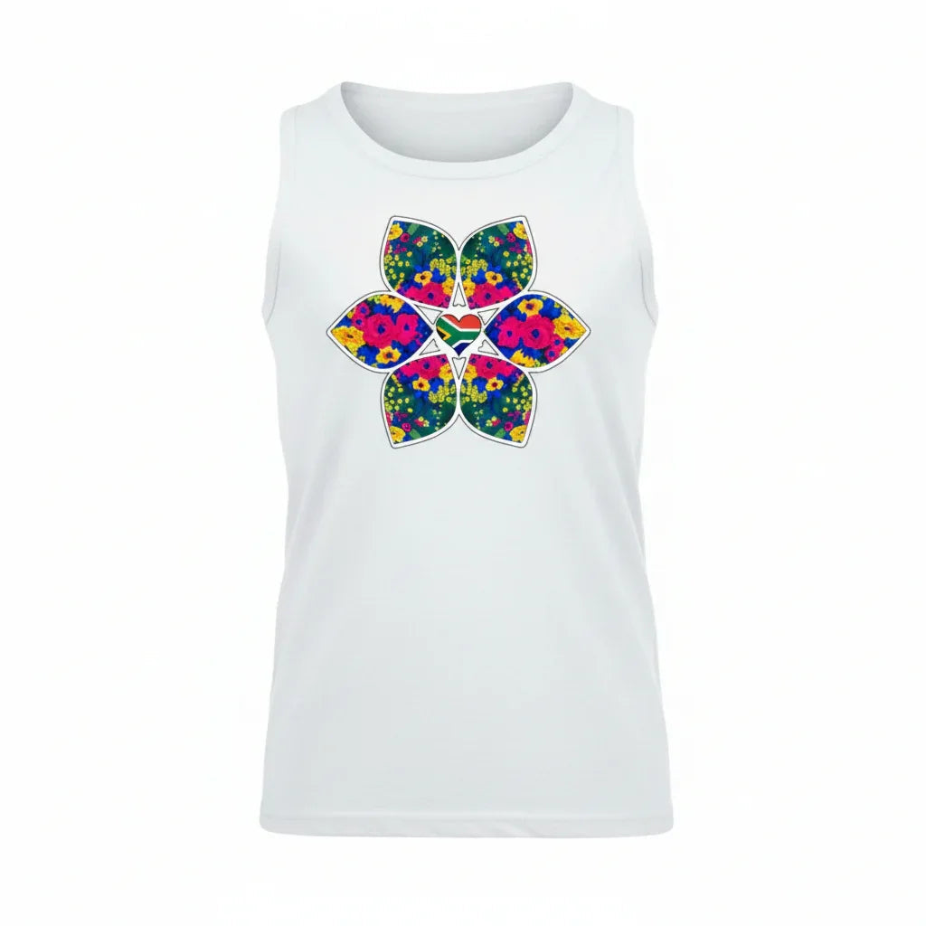 White sleeveless unisex tank top featuring a vibrant heritage flower print with colorful petals, ideal for cultural fashion and casual wear.