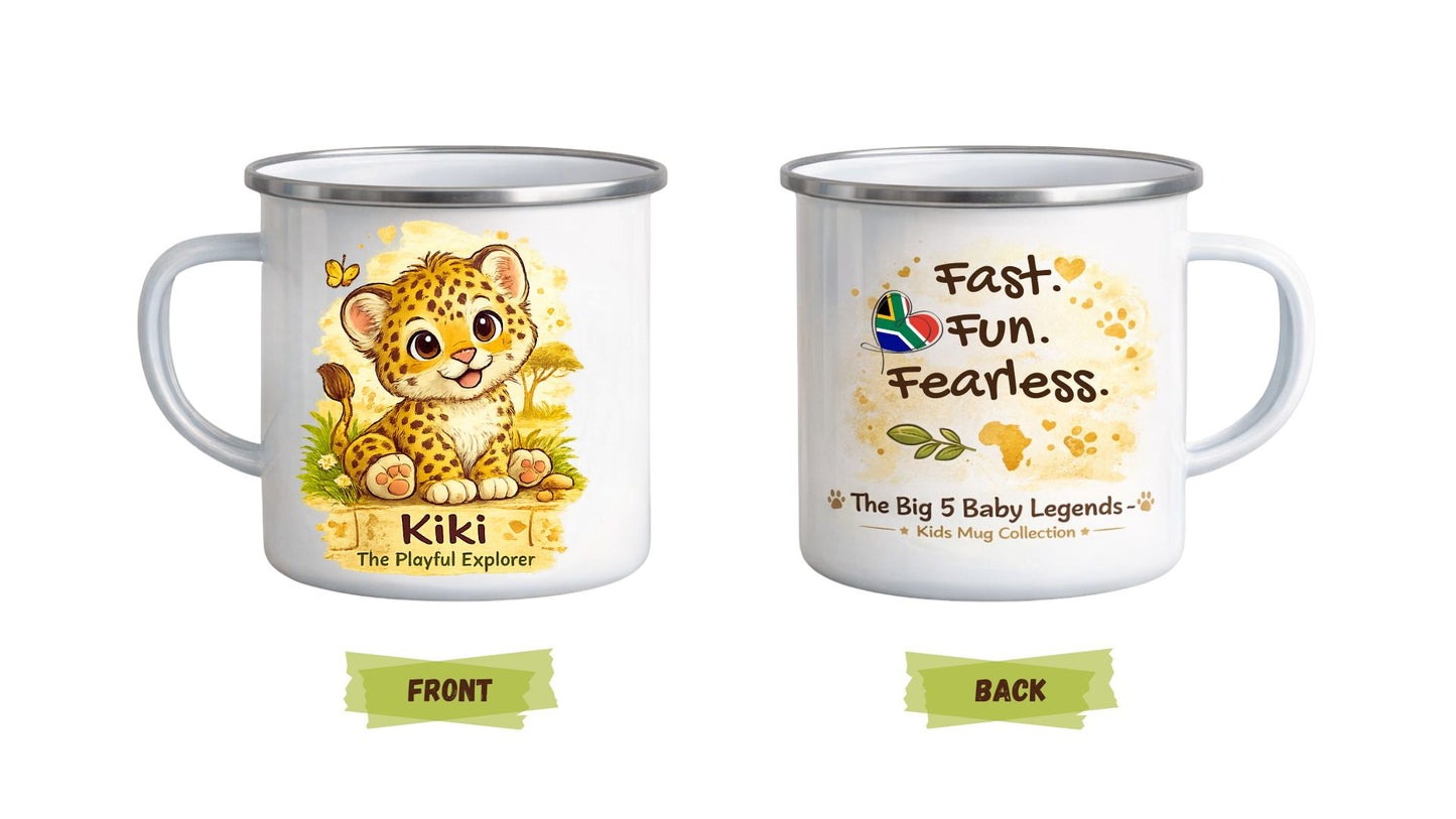 Two enamel mugs with a leopard illustration and text on a white background