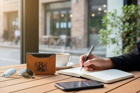 Slim 2-Card Leather Wallet – Big 5 Engraved African Design placed on café table beside sunglasses and coffee, ideal for travel and everyday use.