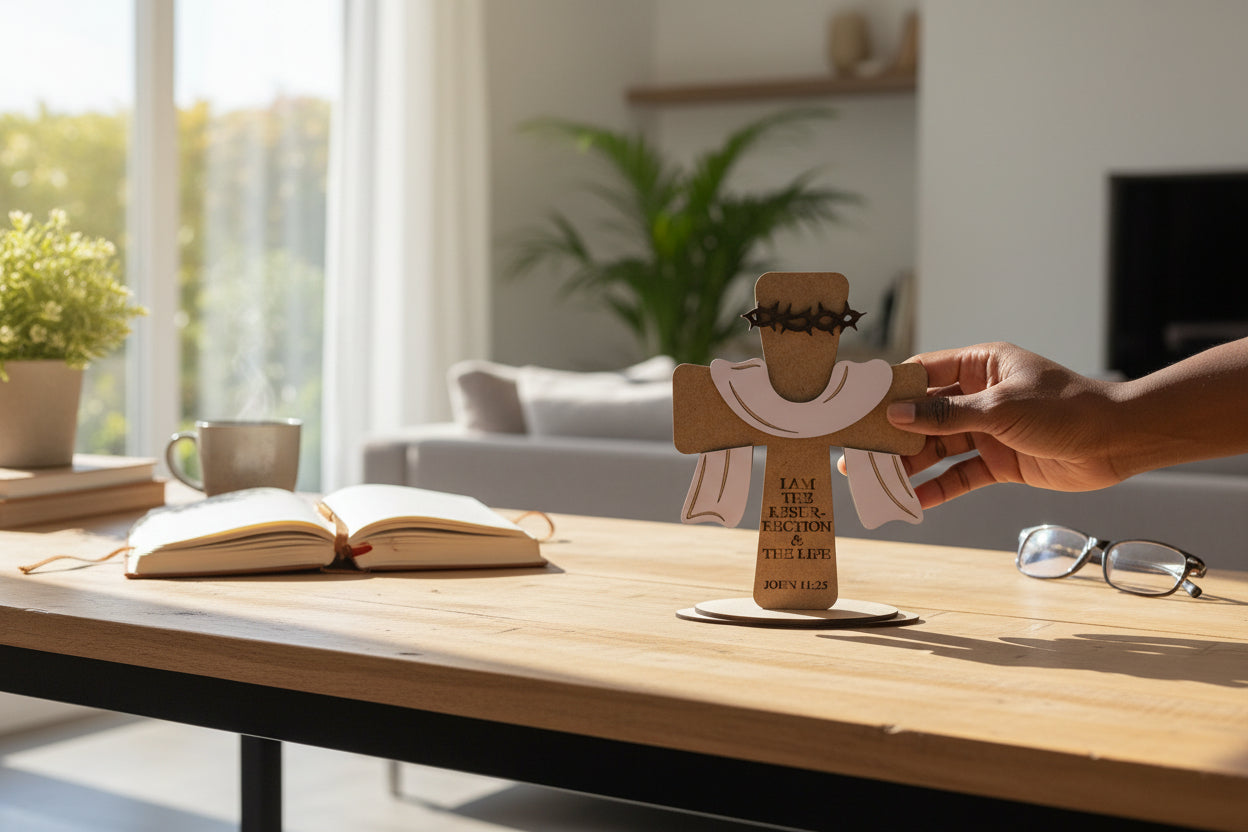 Wooden Christian Cross with White Cloth and Thorn Crown