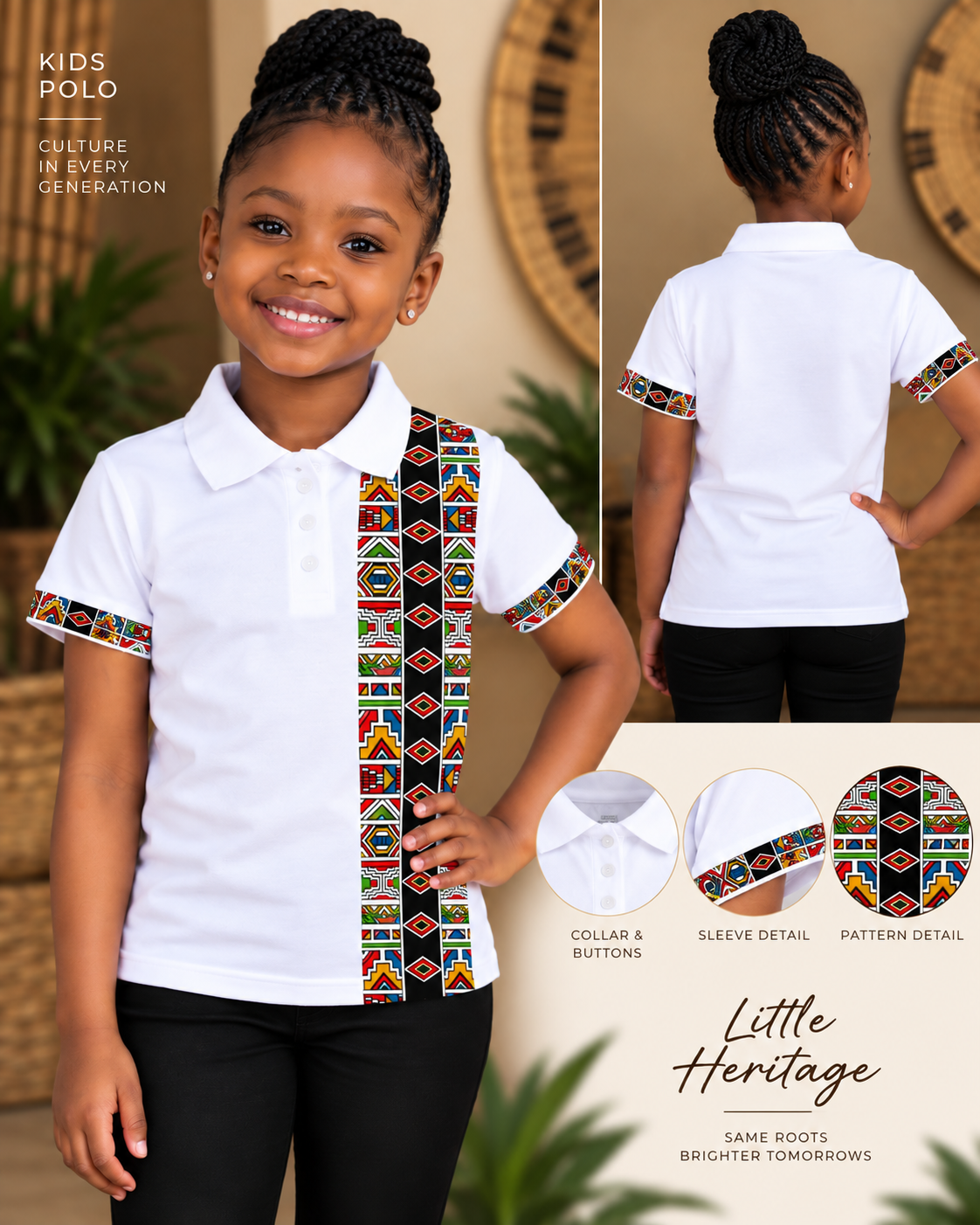 White kids golf shirt with isiNdebele inspired geometric front and sleeve trim