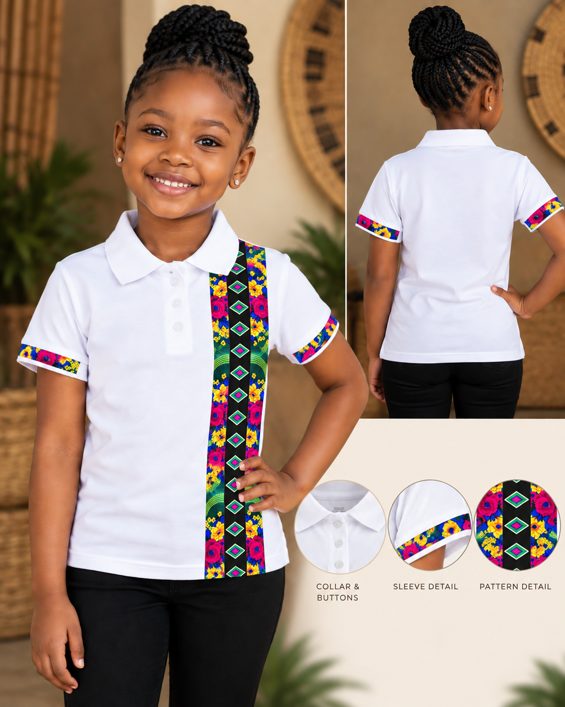 White kids golf shirt with XiTsonga inspired floral front and sleeve trim