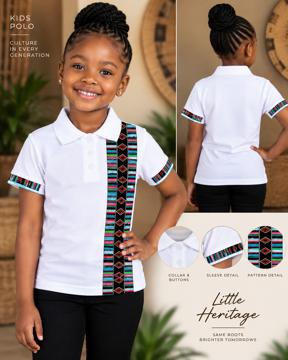 White kids golf shirt with TshiVenda inspired striped front and sleeve trim