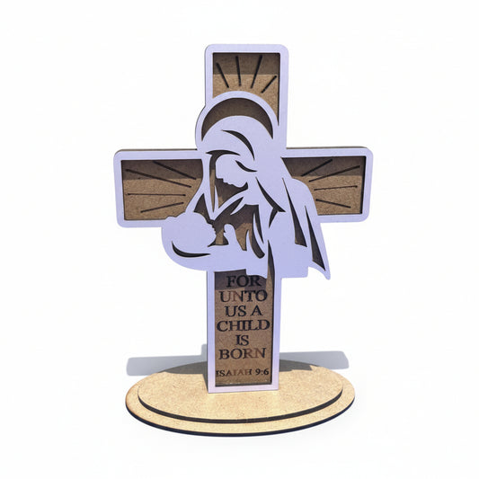 Wooden Christian Cross with Mother Mary Figure