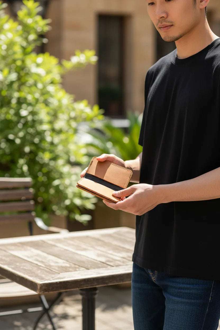 Man holding open 2-Card Leather Wallet – Big 5 Engraved African Design outdoors, showcasing slim profile and handmade leather craftsmanship.